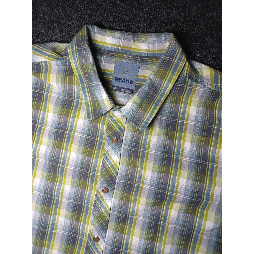Prana Mens Short Sleeve L Plaid Pearl Snap Button-Down Shirt 100% Organic Cotton